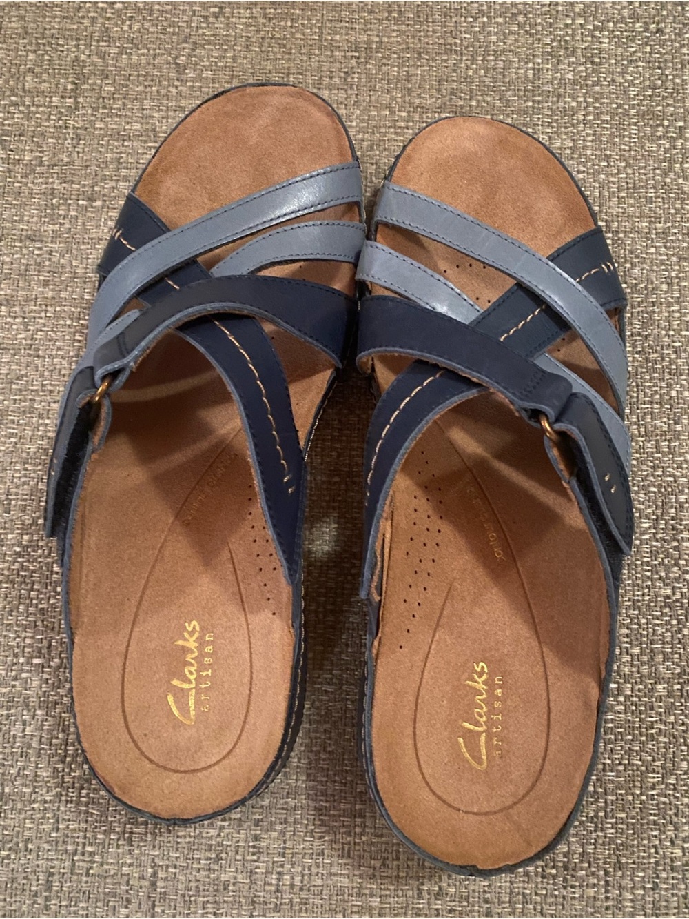 Clarks Navy Blue Slip-On Sandals with Brown Soles